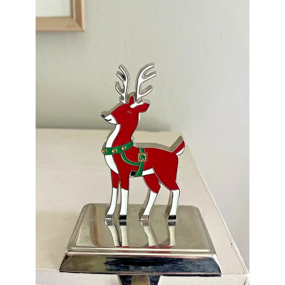 Red Reindeer Christmas Stocking Hanger Hook Holder Mantle Fireplace Enamel Metal